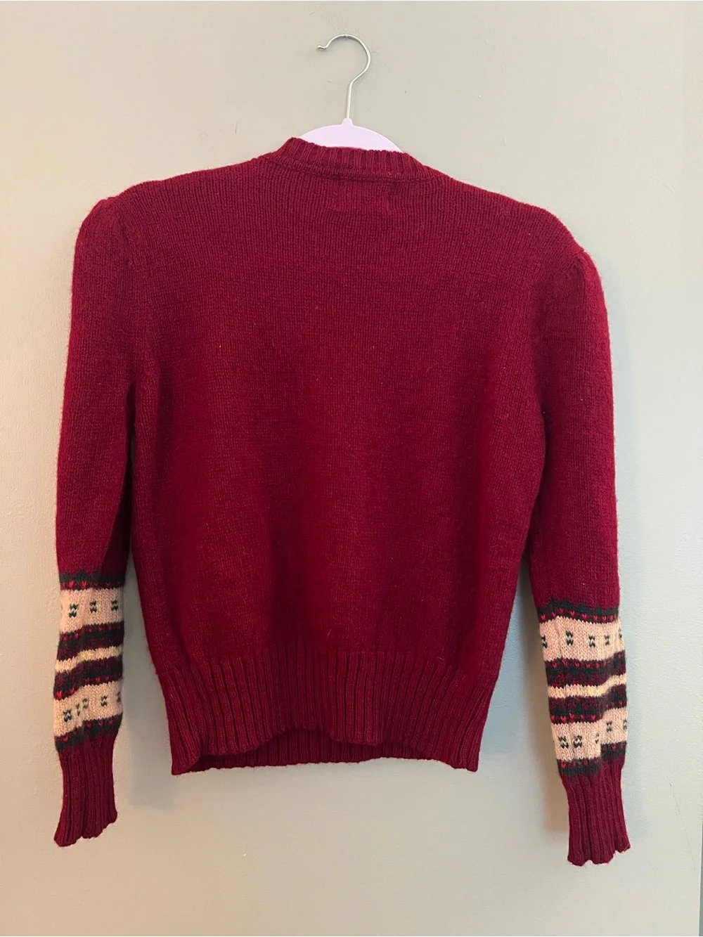 Vintage 1970s 1980s Shetland Wool Burgundy Fair Isle Sweater with Puff Sleeves
